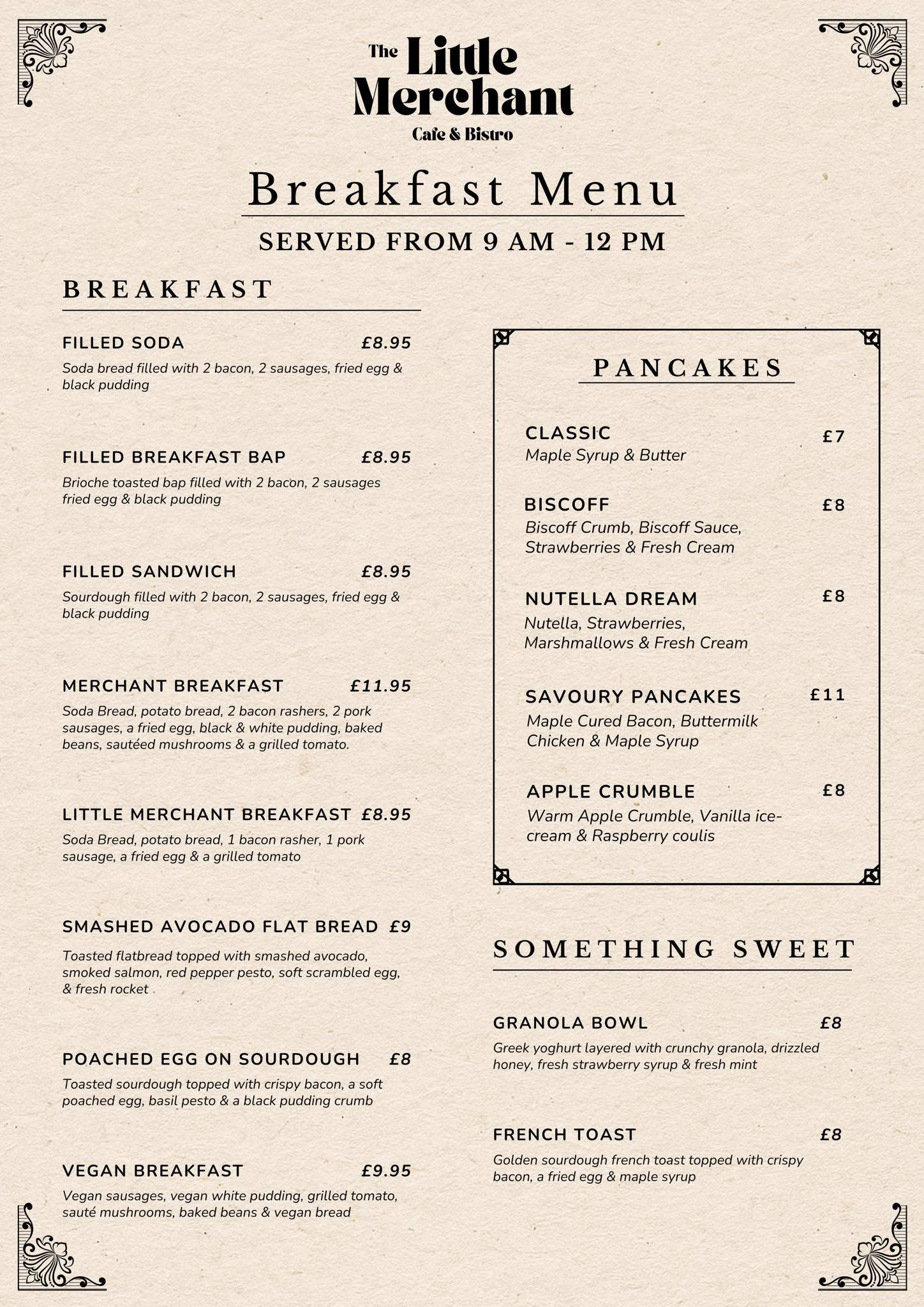 The Little Merchant breakfast menu with pancakes and brunch dishes