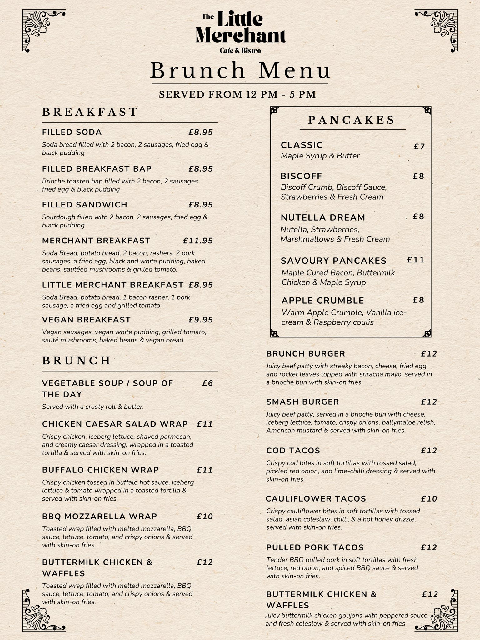 Full brunch menu for The Little Merchant Cafe and Bistro in Newry