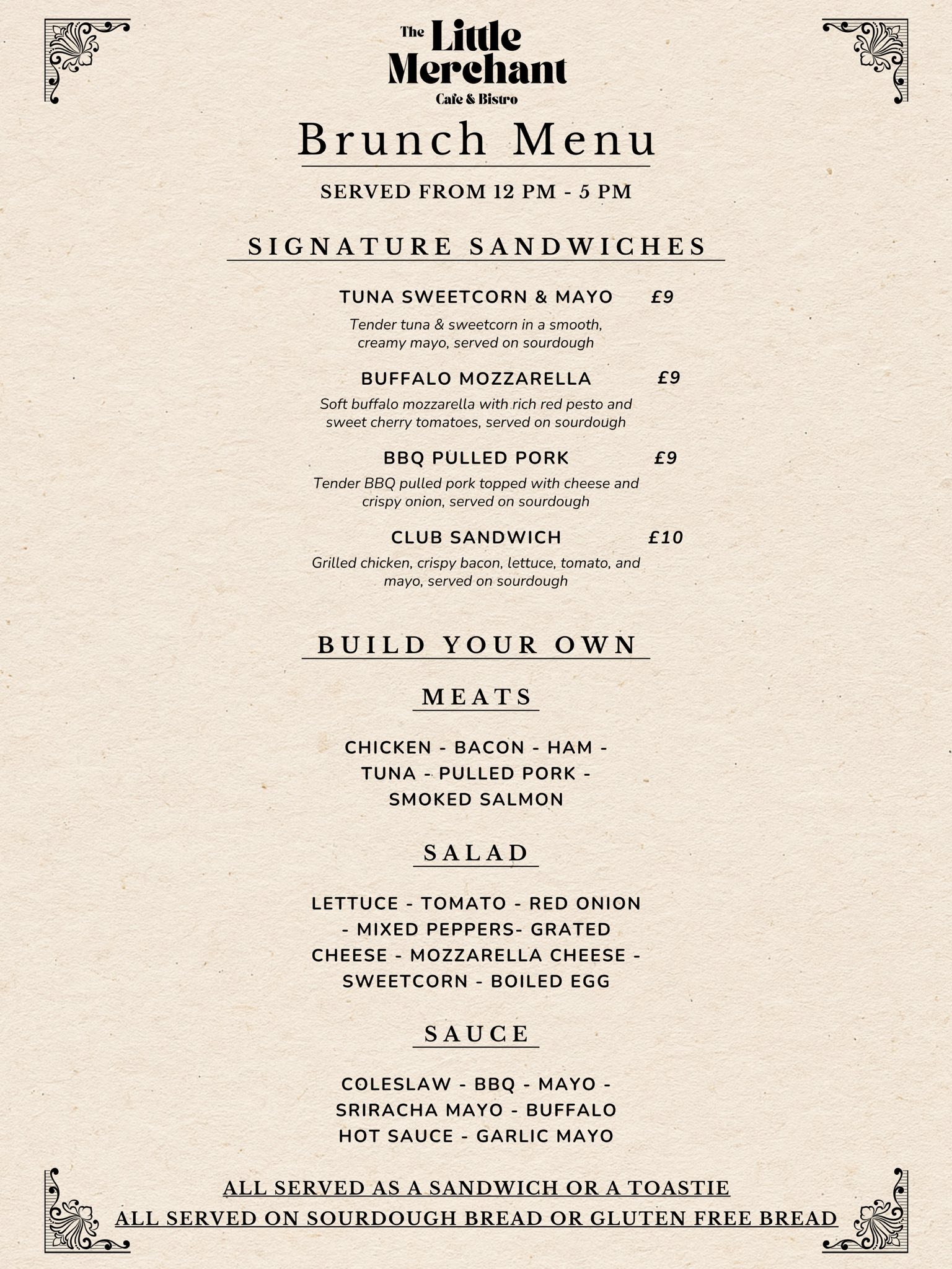 Brunch build your own sandwich and toastie menu for The Little Merchant Cafe and Bistro in Newry